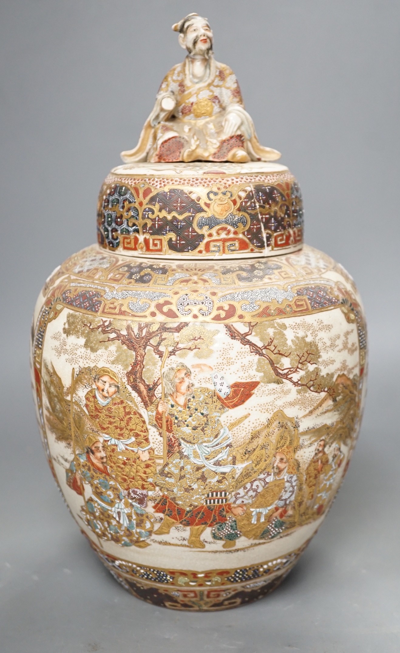 A Japanese Satsuma jar and cover, Meiji period, 29cm high 29cm, cover a.f